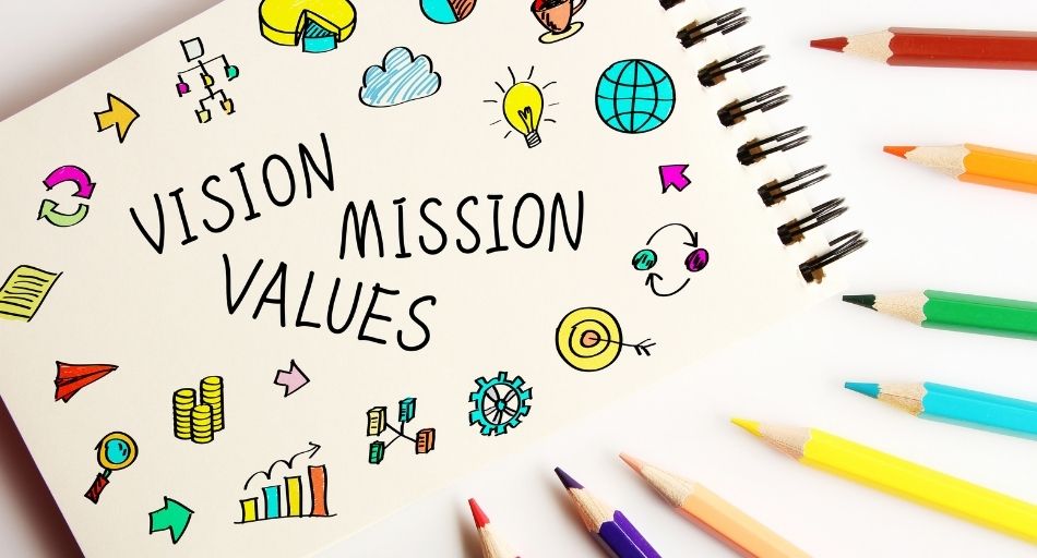 notebook with colored drawings and words vision mission values