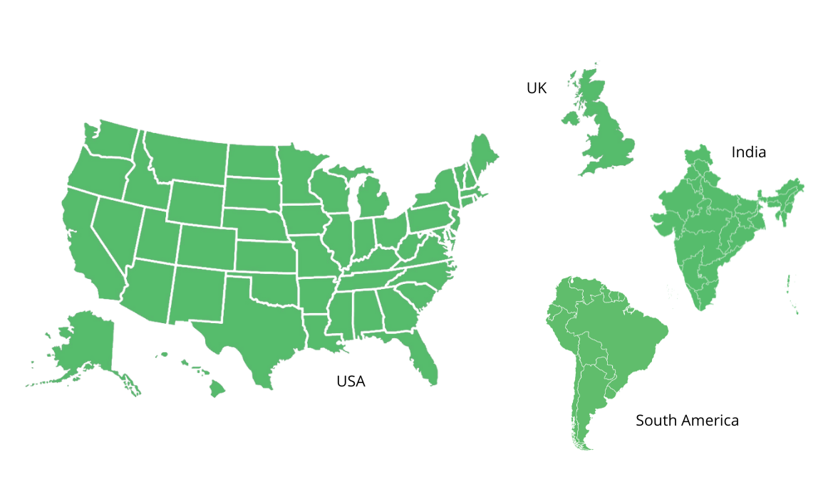 map of USA UK India and South America