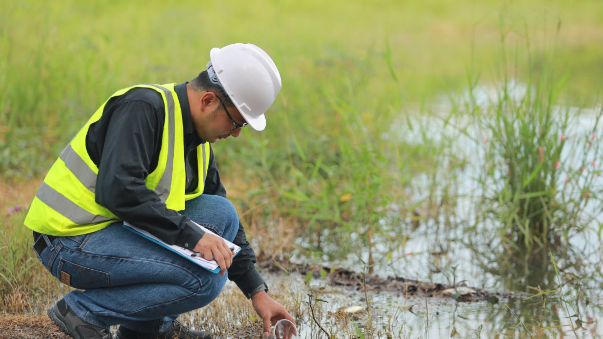 person in construction vest and construction hat taking water sample at pond