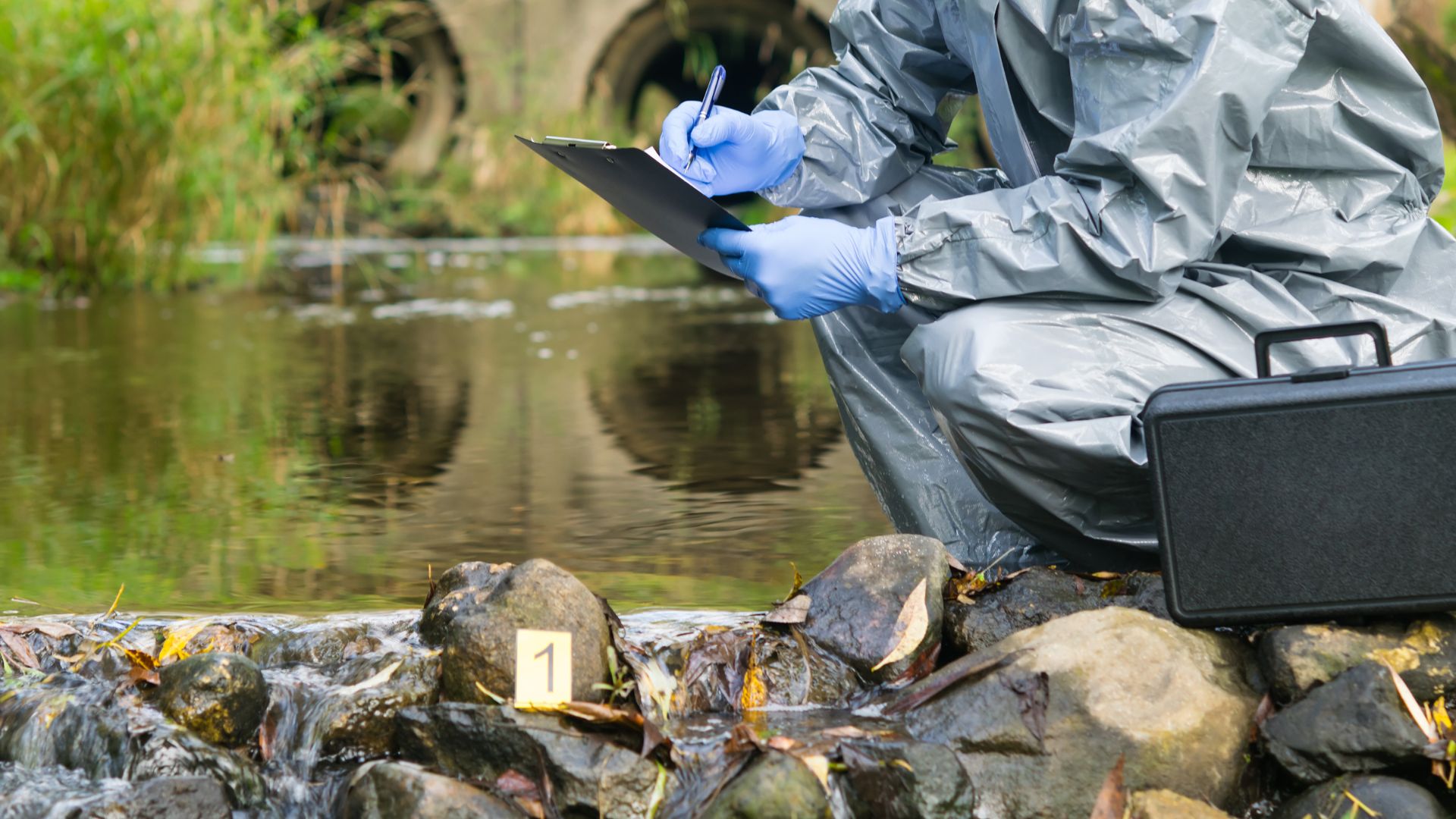 person in trench with blue gloves and checklist investigating spill at riverside